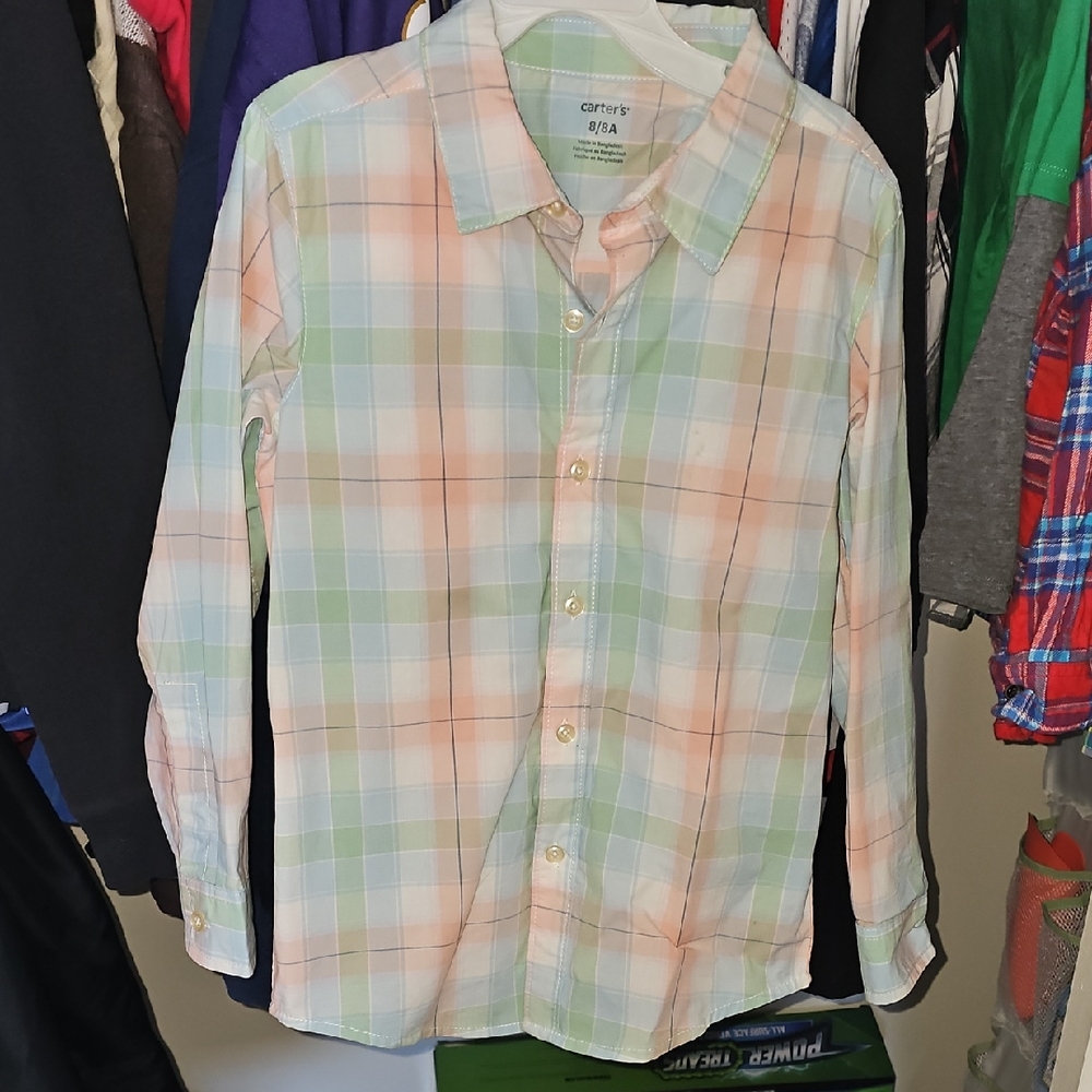 Carter's Boy's Casual Plaid Shirt - Light Green and Peach